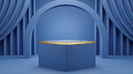 Blue stage with podium and curtains, 3d rendering. Computer digital drawing.の素材