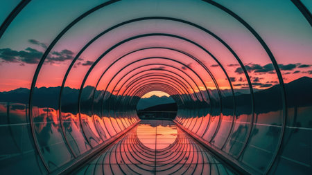 Reflection of the sun in the glass tunnel of the lake.の素材