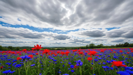 Field of poppies and cornflowers with blue sky and cloudsの素材