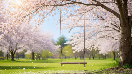 Swing and cherry blossom trees in Tokyo, Japan. Cherry blossom season.の素材