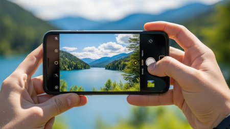 Hands holding a smartphone with a view of a mountain lake.の素材