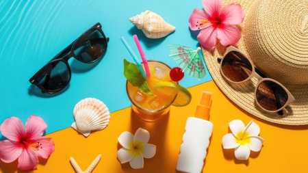 Summer vacation concept. Cocktail, sunglasses, hat and seashells on blue backgroundの素材