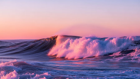 Ocean wave breaking on shore at sunset. Beautiful natural seascape.の素材