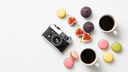 Flat lay composition with coffee, macaroons and vintage camera on white backgroundの素材
