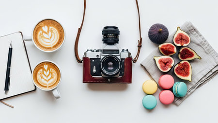 Flat lay composition with coffee cup, macaroons, notebook and camera on white backgroundの素材