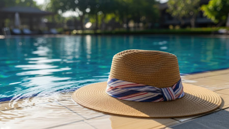 Straw hat on the edge of a swimming pool. Selective focus.の素材