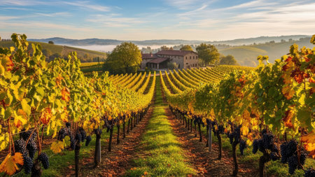 panoramic view of vineyard in autumn in Tuscany, Italyの素材