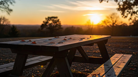 Wooden picnic table in the park with a beautiful sunset in the backgroundの素材