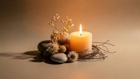 Spa still life with candles, stones and dried flowers on a light backgroundの素材