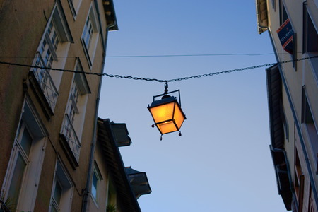 Hanging lantern in alleyway France Rennes european architectureの写真素材