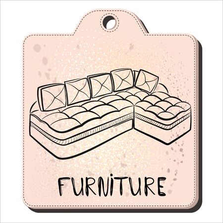 Corner modern sofa in the style of line art. Tag for furniture sales. Hand lettering furniture. Element for interior design of the living room. Furniture sketch. Vectorのイラスト素材