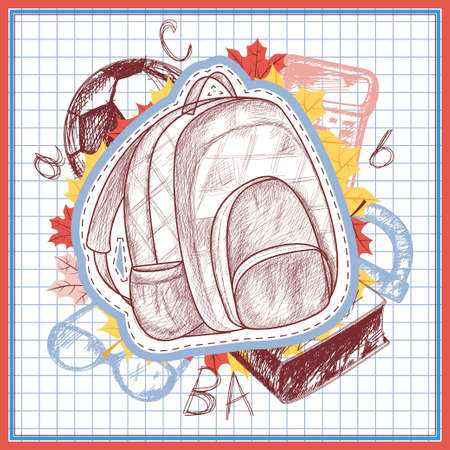 School bag. Pencil drawing style. Autumn clipart for school. maple leaf. notebook sheet in a cage. vectorのイラスト素材