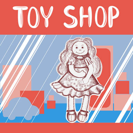 Toy store. Showcase. A doll with long hair is sold in the store. Sketch. Hand drawing with pencils with strokes.Vector.cartoonのイラスト素材