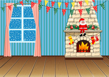 Christmas room decorated with flags. Christmas decorations for the fireplace. in a flat cartoon style. Vector. a festively decorated fireplace with a toy Santa and balls.のイラスト素材