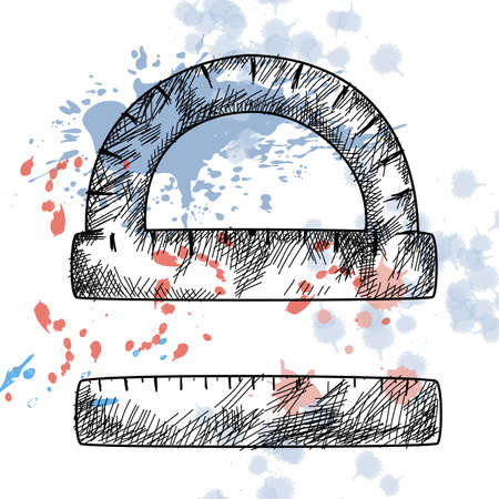Protractor and ruler in the style of the sketch. Subject for school, training. On a background with blotches and splashes of paint. The design for the school of education. Vector illustrationのイラスト素材