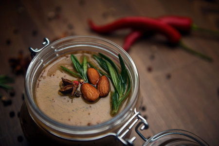 Close-up glass jar with poultry pate, decorated with almonds and rosemary with hot pepper on a wooden table, homemade liver paste decorated with spicesの写真素材