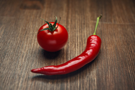 Red ripe fruits of chili pepper and cherry tomato on a wooden tableの写真素材