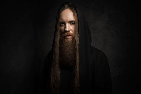 Man with long hair and beard in black hood on dark background