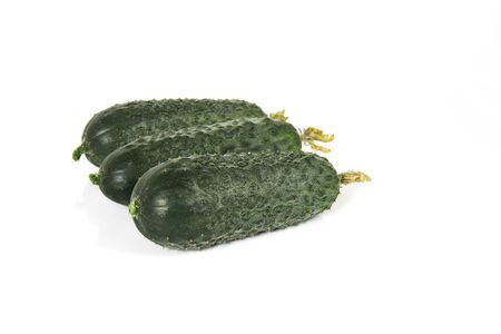 Group of green cucumber fruits with yellow flowers on a white background.の写真素材