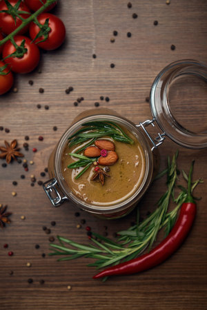 Glass jar with poultry pate, decorated with almonds and rosemary with tomato and hot pepper on a...