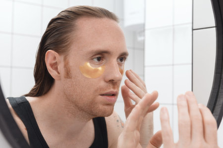 Unshaven man with patches under his eyes looks at himself in the bathroom mirror.