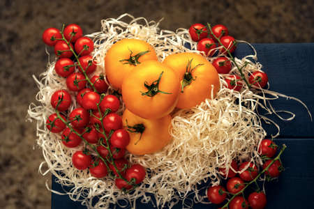 Red wet cherry tomatoes and yellow tomato fruits in black plate on a dark textured background. Top view. Flat lay. Space for text.の写真素材
