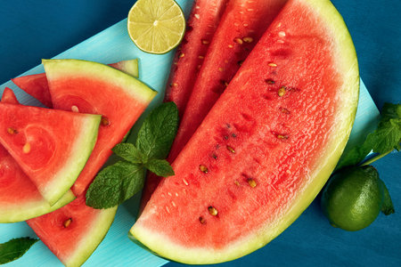 Close-up watermelon slices, mint and lime on the blue cutting board. Top view. Flat lay.