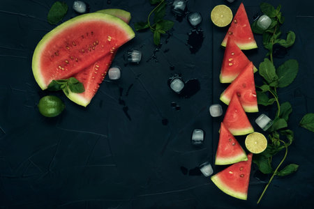 Watermelon slices, mint, lime and ice on the dark textured background. Flat lay. Copy space. Top...