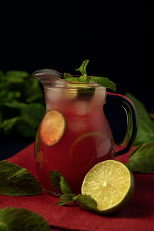 Close-up glass jug with watermelon juice, lime and mint on red napkin and the dark textured...
