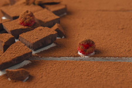 Raspberry and pieces of chocolate fully covered with cocoa powder on white Provence style table. Close-up.の写真素材