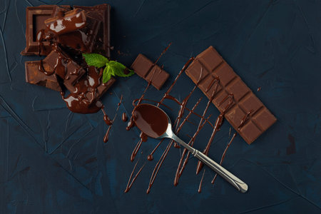 Chocolate pieces and mint leaves poured with liquid chocolate on the dark blue textured background....