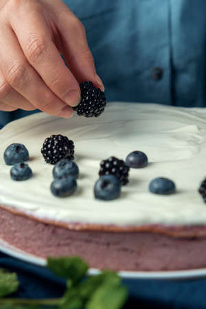 Woman hand put blackberry on the cottage cheese casserole. Decoration process cottage cheese pie with berries.の写真素材