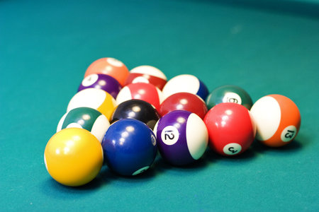 Racked billiard balls, ready for the break