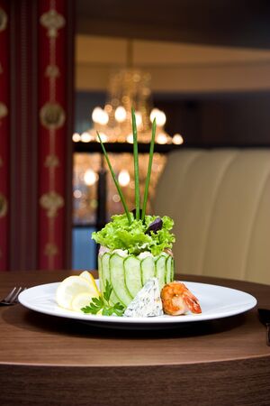 beautifully arranged fresh salad and cheese gorgonzolaの写真素材