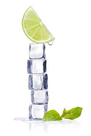 Ice cubes and mint leaves on a white background and with soft shadow.の写真素材