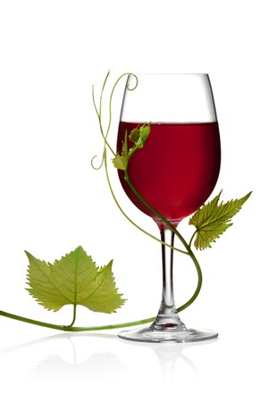 Glass of red wine and grape leaves on a white background and with soft shadow.の写真素材