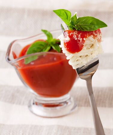 Spaghetti with sauce and parmesan cheese on a fork.の写真素材