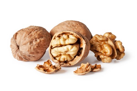walnut and a cracked walnut isolated on the white background の写真素材