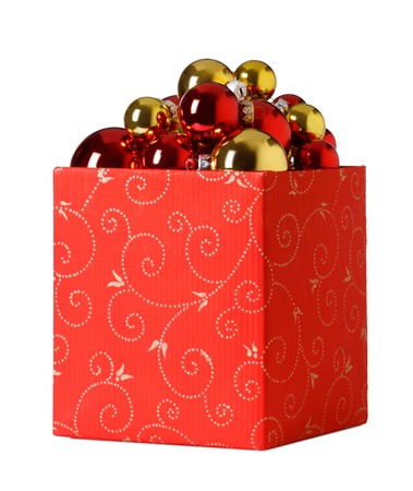 christmas present. Gift box and christmas baubles  on a white backgroundの写真素材