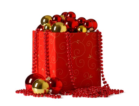 christmas present. Gift box and christmas baubles  on a white backgroundの写真素材