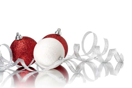 xmas ball and ribbonl on a white backgroundの写真素材