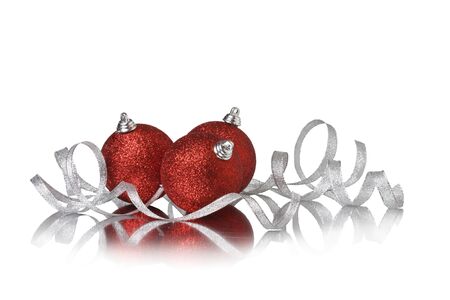 xmas ball and ribbonl on a white backgroundの写真素材