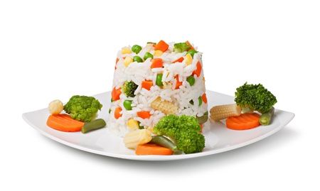 Rice and vegetables on a white backgroundの写真素材
