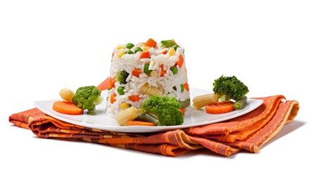 Rice and vegetables on a white backgroundの写真素材