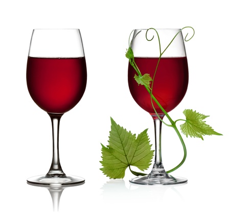 Glass of red wine and grape leaves on a white background and with soft shadow.の写真素材