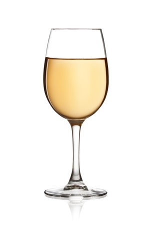 Glass of white wine on a white background and with soft shadow. The file includes a clipping path.の写真素材