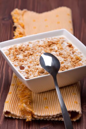 Bowl of muesli cereal, close upの写真素材