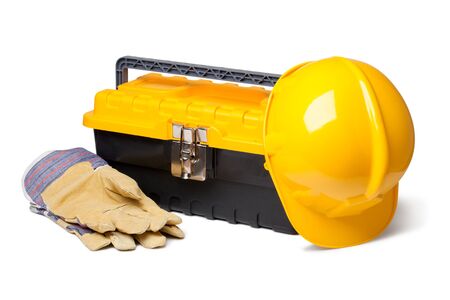Hard Hat, Leather Gloves and toolbox isolated on whiteの写真素材