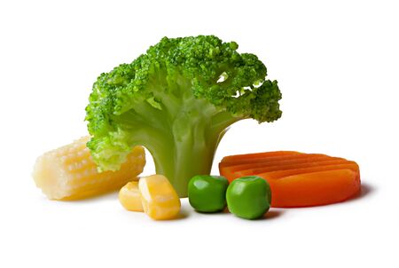 broccoli, peas, carrot and maize on a White backgroundの写真素材