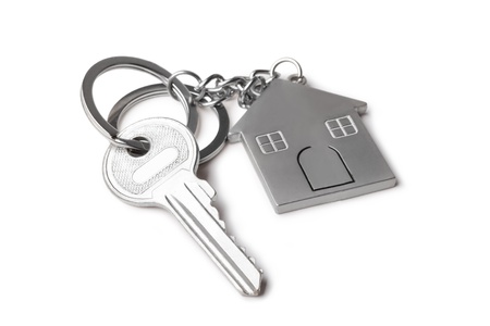 house keys and Keychain on white  backgroundの写真素材